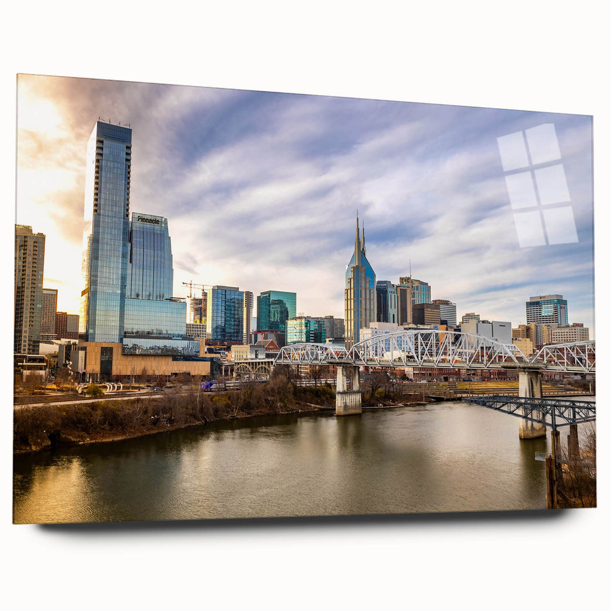 Large abstract wall art print featuring swirling blues and grays on canvas, suitable for bedroom or dining room decor.