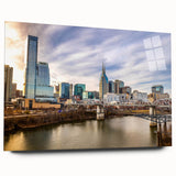Large abstract wall art print featuring swirling blues and grays on canvas, suitable for bedroom or dining room decor.