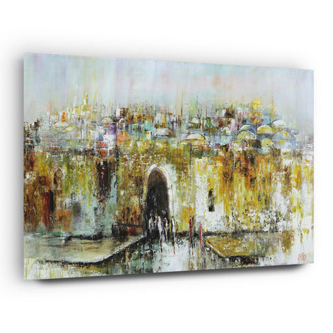 Shabbat in Jerusalem - Yossi Bitton's Jewish Art Print on Acrylic depicting a serene cityscape with umbrellas, embodying the spiritual ambiance of Shabbat in Jerusalem.