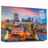 Large abstract wall art print with swirls of blue and gray, ideal for bedroom or dining room decor.