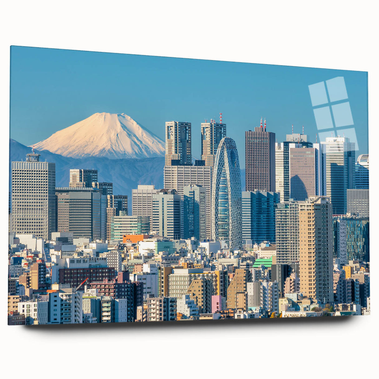 Large abstract wall art print in vibrant blue and orange hues on canvas, suitable for bedroom or dining room decor.