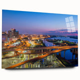 Large abstract wall art print in vibrant blue and orange tones on canvas, suitable for bedroom or dining room decor.