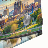 Large abstract wall art in mid-century modernist style, featuring bold geometric shapes in earth tones.