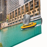 Large abstract wall art in mid-century modernist style with vibrant blue and orange hues on canvas.