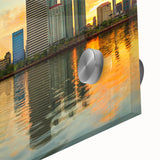 Large abstract wall art in mid-century modernist style, featuring muted blue and gray tones on canvas.