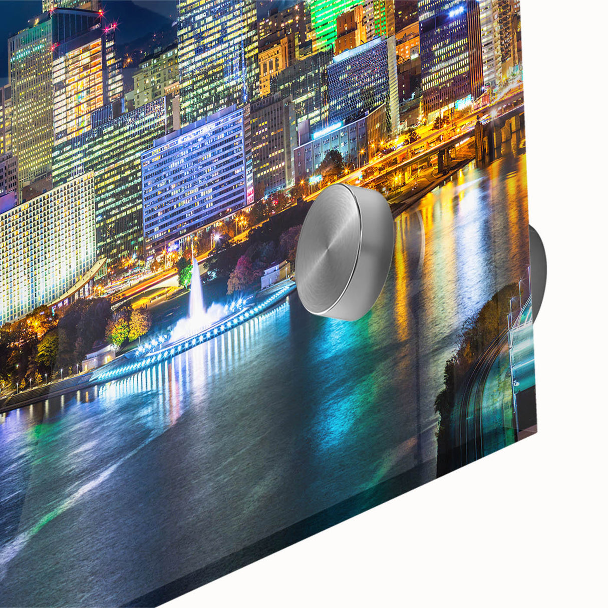 Large abstract wall art in mid-century modernist style with vibrant orange and blue tones on canvas.