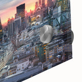 Large abstract wall art in mid-century modernist style, featuring bold geometric shapes in orange and teal.