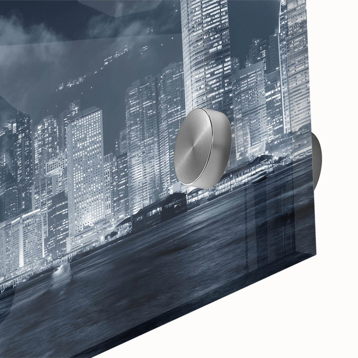 Large abstract wall art in mid-century modernist style, featuring swirling blue and gray tones on canvas.