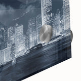 Large abstract wall art in mid-century modernist style, featuring swirling blue and gray tones on canvas.