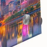 Large abstract wall art in mid-century modernist style with vibrant orange and blue tones on canvas.