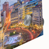 Large abstract wall art in vibrant orange and brown tones on canvas, mid-century modernist style.