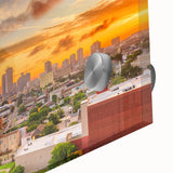 Large abstract wall art in mid-century modernist style, featuring bold geometric shapes in earthy tones.