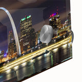 Large abstract wall art in mid-century modernist style, featuring vibrant orange and blue tones on canvas.