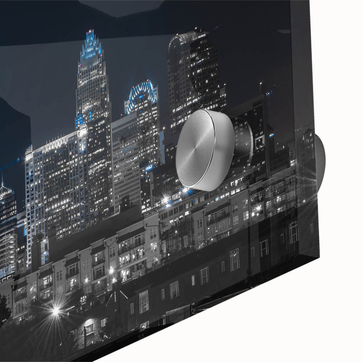 Large abstract wall art in mid-century modernist style, featuring swirling blue and gray tones on canvas.