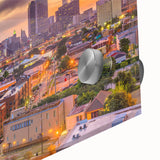 Large abstract wall art in mid-century modernist style with vibrant orange and teal colors on canvas.