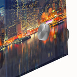 Large abstract wall art in mid-century modernist style with vibrant orange and blue tones on canvas.
