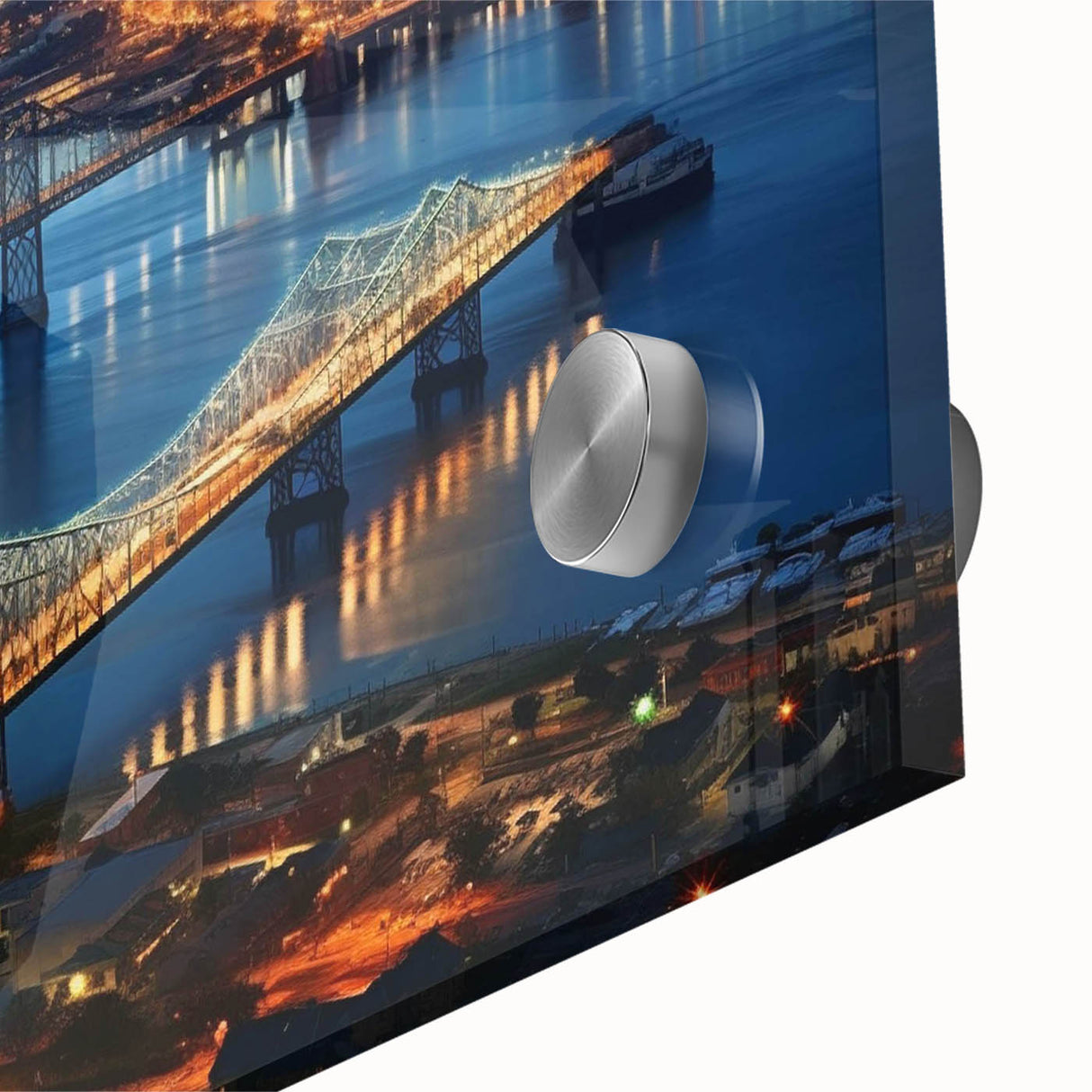 Large abstract wall art in mid-century modernist style with vibrant blue and orange tones on canvas.