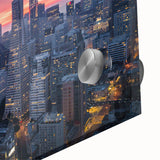 Large abstract wall art in mid-century modernist style with vibrant orange and blue tones, ideal for dining room ambiance.