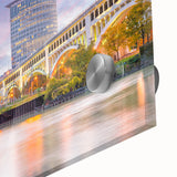 Large abstract wall art in mid-century modernist style with vibrant orange and teal hues on canvas.