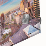 Large abstract wall art in vibrant blue and orange tones on canvas, suitable as mid-century modernist dining room art.