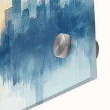 Large abstract wall art in mid-century modernist style, featuring swirling blue and grey tones on canvas.