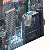 Large abstract wall art in vibrant orange and blue tones on canvas, ideal for dining room ambiance.