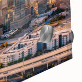 Large abstract wall art in mid-century modernist style, featuring bold geometric shapes in earth tones.