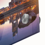 Large abstract wall art in mid-century modernist style with vibrant orange and blue tones on canvas.