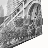 Large abstract wall art in mid-century modernist style with vibrant blue and orange tones, ideal for dining room ambiance.