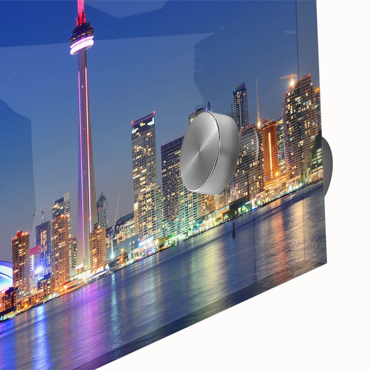 Large abstract wall art in mid-century modernist style, featuring bold geometric shapes in orange and blue.