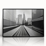 Large abstract wall art featuring swirling blue and gray tones on canvas, reflecting mid-century modernist style.