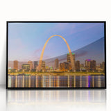 Large abstract wall art featuring swirling blue and gold tones on canvas, styled in mid-century modernist design.