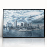 Large abstract wall art in vibrant blues and oranges on canvas, showcasing mid-century modernist style.