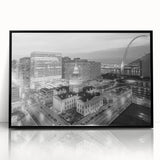 Large abstract wall art featuring swirling blue and gray tones on canvas, ideal for modern living room decor.