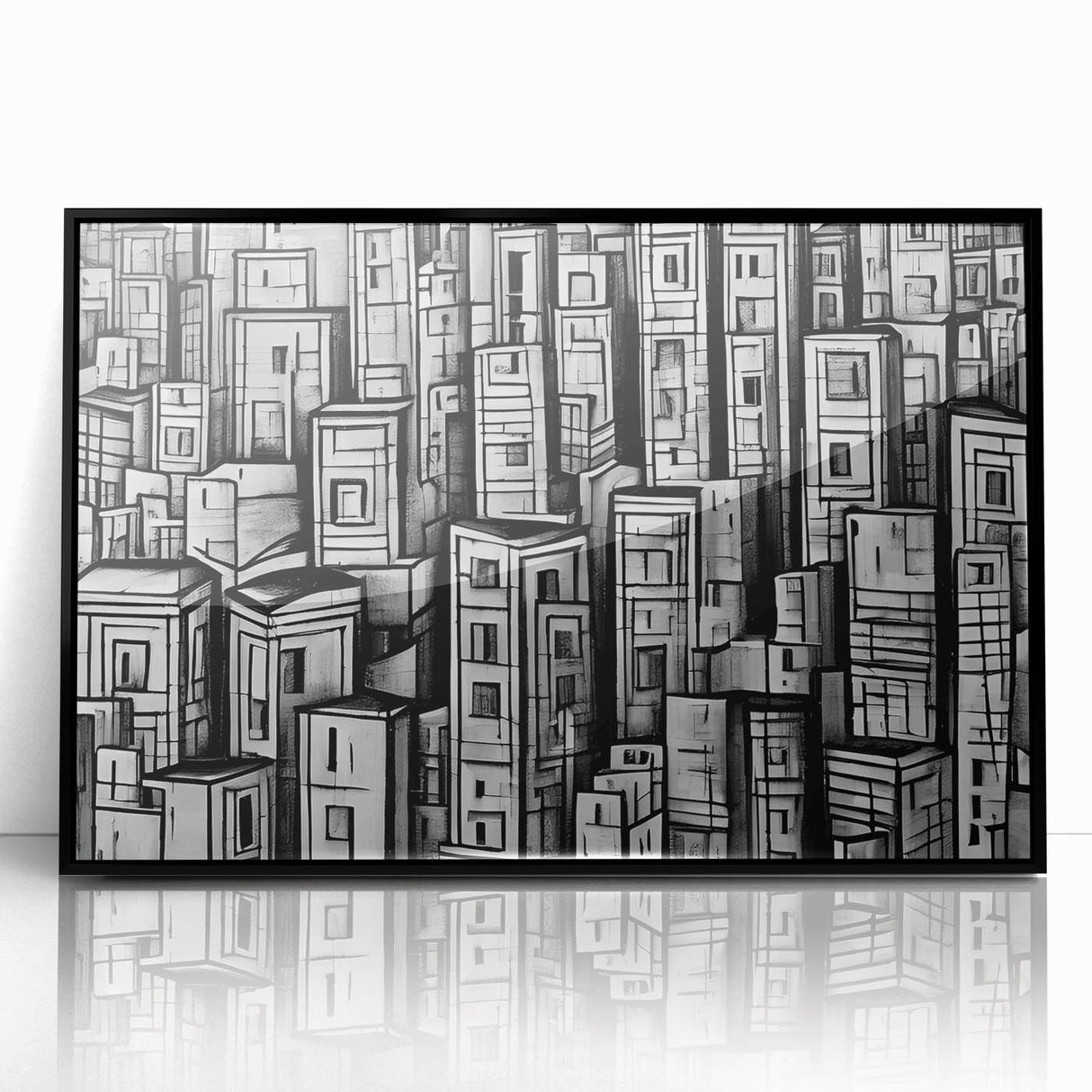 Large abstract wall art featuring swirling blue and gray tones on a canvas, in a mid-century modernist style.