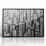 Large abstract wall art featuring swirling blue and gray tones on a canvas, in a mid-century modernist style.