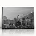 Large abstract wall art featuring swirling blue and gray tones on canvas, reflecting mid-century modernist style.