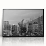 Large abstract wall art featuring swirling blue and gray tones on canvas, reflecting mid-century modernist style.
