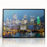 Large abstract wall art featuring swirling blue and orange hues on canvas.