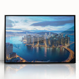 Large abstract wall art print in vibrant orange and blue, mid-century modernist style on canvas.