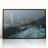 Large abstract wall art on canvas featuring swirling blue and gray tones, ideal for modern living room decor.