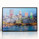 Large abstract wall art featuring swirling blue and green patterns on a canvas, in mid-century modernist style.