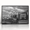 Large abstract wall art featuring swirling blue and gray tones on canvas, in a mid-century modernist style.
