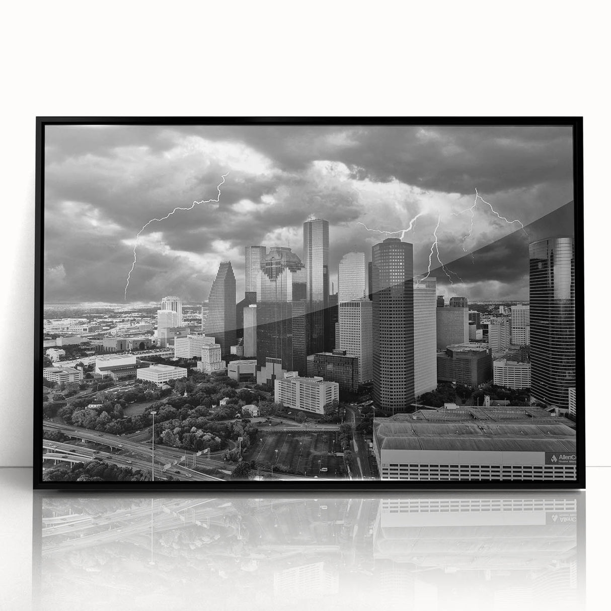 Large abstract wall art featuring swirling blue and gray tones on canvas, in a mid-century modernist style.