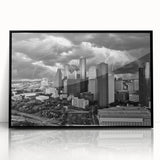 Large abstract wall art featuring swirling blue and gray tones on canvas, in a mid-century modernist style.