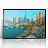 Large abstract wall art in mid-century modernist style with vibrant orange and blue tones on canvas.