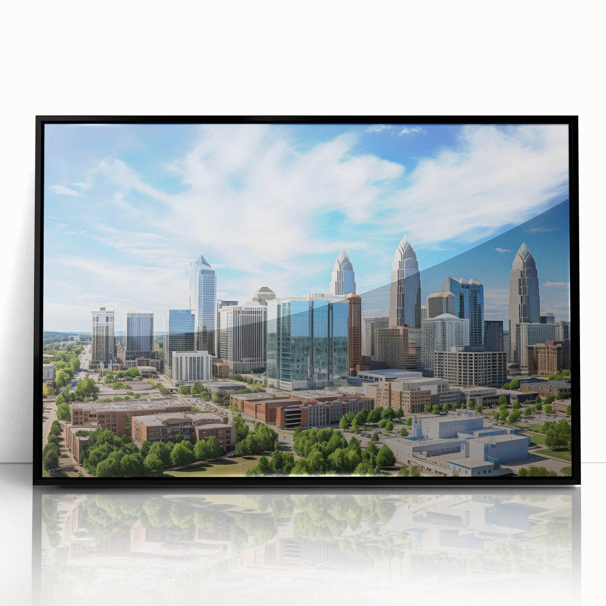 Large abstract wall art featuring swirling blue and gold patterns on a canvas.