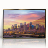 Large art print of a mid-century modernist cityscape in muted earth tones on canvas, suitable for modern art wall decor.