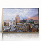 Large art print featuring a mid-century modernist abstract design in pastel shades on canvas, suitable for nursery wall art.