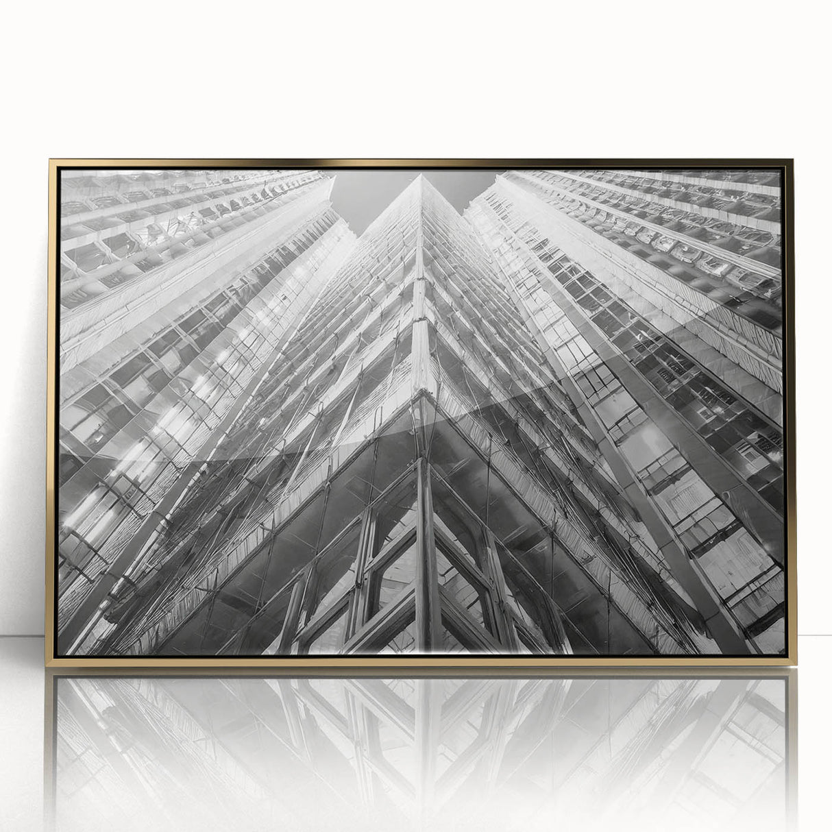 Large art print of a mid-century modernist cityscape in muted gray and blue tones on canvas, ideal for modern art wall decor.